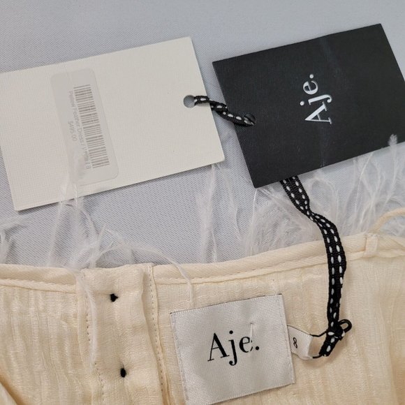 Aje Silk Pellew Feather Dress Cream White Mini Size Small Shoe String Straps New - Picture 8 of 12